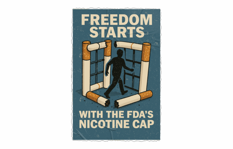 Vintage poster stating "Freedom starts with the FDA's nicotine cap" with a figure escaping from a jail cell made of cigarettes.