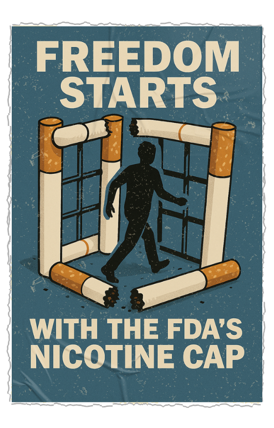 Vintage poster stating "Freedom starts with the FDA's nicotine cap" with a figure escaping from a jail cell made of cigarettes.